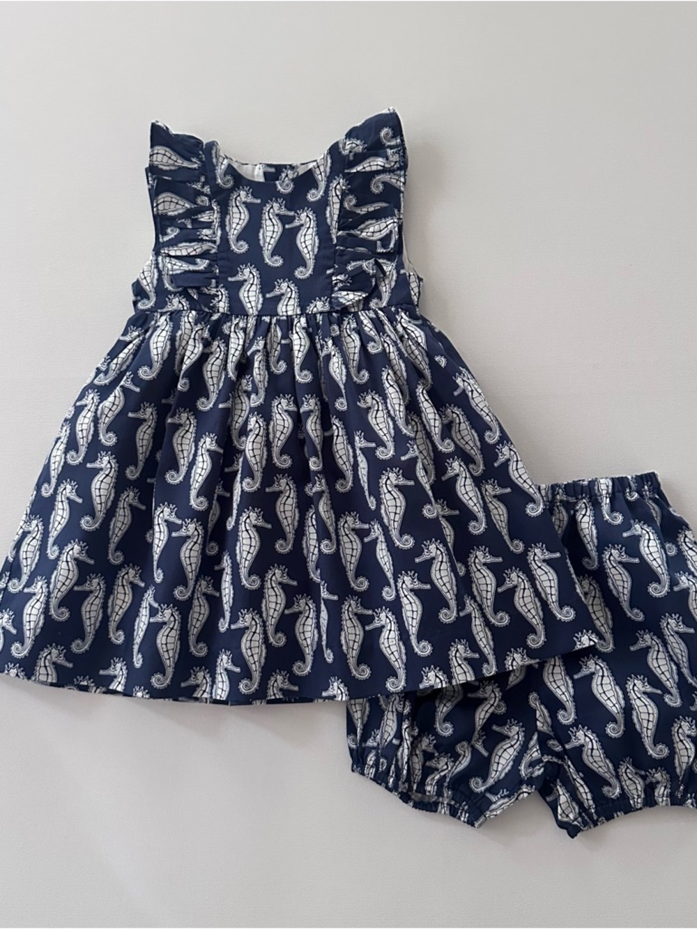 Rachel Riley 18 Months Baby Girl Blue White Seahorse Dress with Bloomers Summer